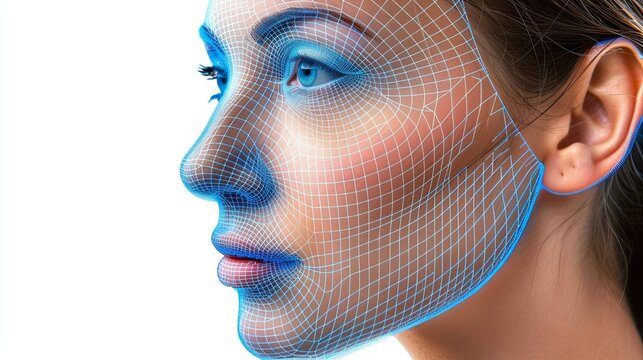 A woman's face with a grid of grids applied on top of it. Concept of cosmetic procedures. Digital facial identification system. Biometric verification. Polygonal mesh facial recognition technology.