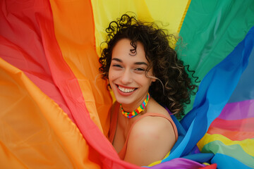 Queer woman, beautiful woman with the lgbt flag around her in a copy space for gay pride day