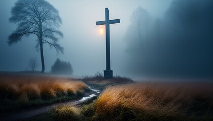 Solitude Amidst Mist: Cross Standing in Foggy Field