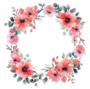 Watercolor flower wreath clipart, blush pink and green colors isolated on a white background