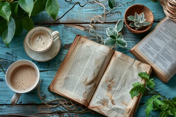 An open book rests on a table, surrounded by two cups of coffee. The scene suggests a moment of relaxation and contemplation