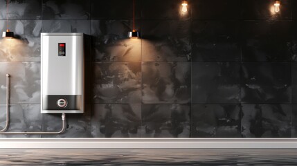 A wall in the bathroom with a gas water heater. Gas boiler - heating and hot water supply. - obrazy, fototapety, plakaty