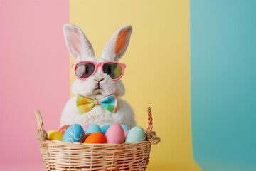 A rabbit wearing sunglasses and a bow tie is sitting in a basket full of Easter eggs. The image has a playful and lighthearted mood, as the rabbit is dressed up in a fun and quirky outfit