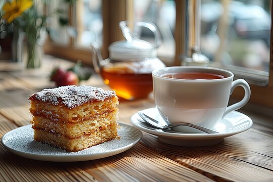 cake and cup of tea, in the style of depth of layers, uhd image, high resolution, photo, strong lines. Generative AI