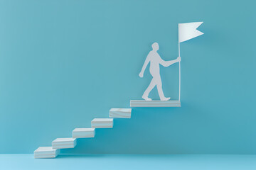 Paper cut man walking on wooden stairs to a success. Leadership and success concept. 