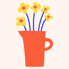 Bright flowers in jug vector clipart. Trendy paper cut floral illustration. Flat botanical elements