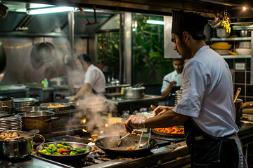 cook cooking at the kitchen of asian restaurant