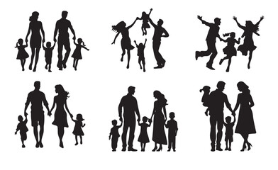 Set of happy family with kids silhouette