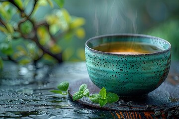 green tea on a dark grey background, in the style of traditional japanese, colorful, kitchen still life. generative AI - obrazy, fototapety, plakaty