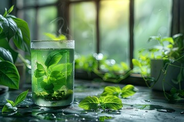 green tea on the kitchen counter with leaves, in the style of contemporary glass. Generative AI