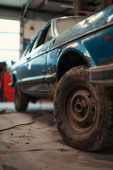 Fototapeta na wymiar close up of vintage car wheel in garage