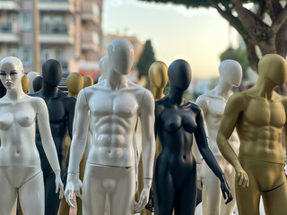 group of mannequins. A striking assembly of mannequins in varying tones and textures creates a...