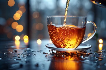 hot tea being poured into a glass cup, in the style of selective focus, large canvas format, natural. Generative AI - obrazy, fototapety, plakaty