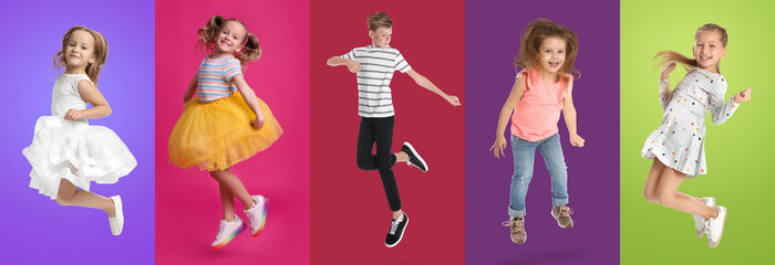 Group of children jumping on color backgrounds, set of photos