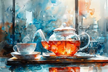 how to brew tea like an american, in the style of selective focus, light red and black, large canvas format, light amber and azure, delicate simplicity, poured. Generative AI - obrazy, fototapety, plakaty