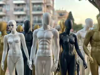 mannequin in the city. A diverse lineup of mannequins in different finishes stands poised against...
