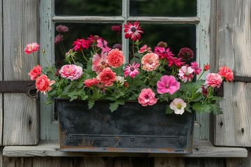 Fototapeta na wymiar A vibrant window box bursting with pink and red flowers, showcasing natures beauty in full bloom