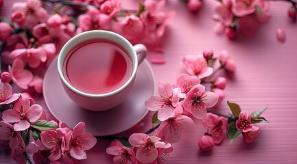 Fototapeta na wymiar pink blossoms around a cup of tea, in the style of minimalist backgrounds, purple and maroon, aerial view. Generative AI