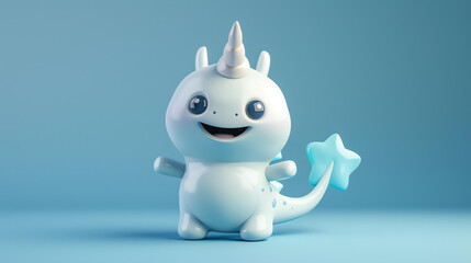 3D rendering of a cute and happy cartoon unicorn. The unicorn is white and has a blue mane and tail. It is smiling and has its arms outstretched.