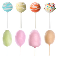 Naklejki  Tasty cake pops and cotton candies isolated on white, set