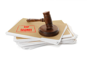 Top Secret stamp. Files with documents and wooden gavel on white background