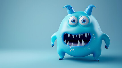 Cute blue cartoon monster with big eyes and sharp teeth. 3D rendering.