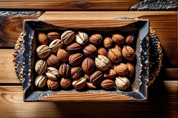 A bowl of nuts is on a wooden table