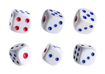 Dice isolated on white, collage with different sides