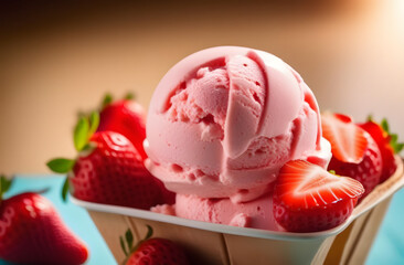Close-up of strawberry ice cream scoop with strawberries in a bowl