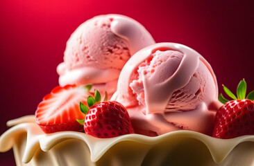 Close-up of strawberry ice cream scoops with strawberries in a bowl on a pink background