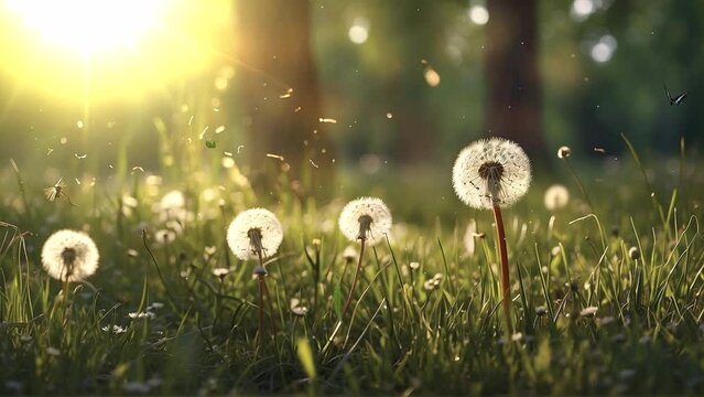 Experience the serene ambiance of a meadow adorned with herbs and dandelions, their vibrant colors enhanced by the gentle caress of the morning sun, depicted in immersive 4K video.