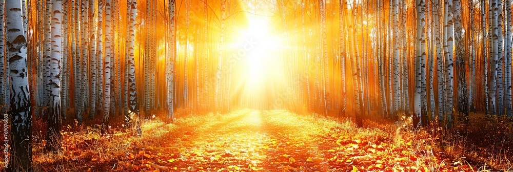 Aufkleber autumn birch forest. bright sunlight filters through the lush canopy of trees in a magical forest, c