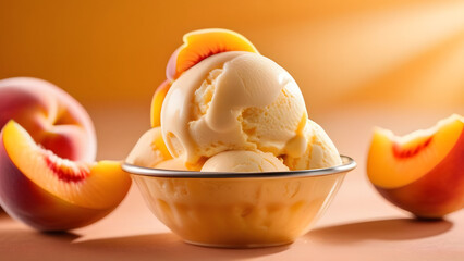 Close-up of peach ice cream scoops with peach in a bowl