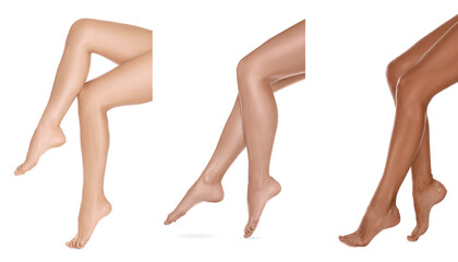 Women with beautiful legs on white background, closeup. Collage of photos showing stages of...