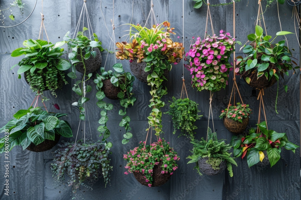Poster An array of potted plants dangle from hooks on a wall, creating a vibrant and dynamic display of greenery cascading downwards