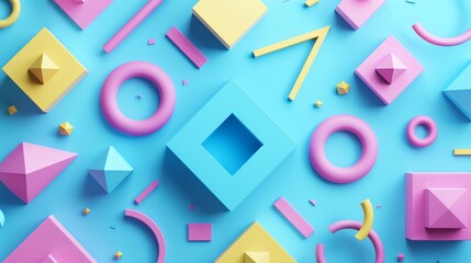 3D rendering of colorful geometric shapes on a blue background. The shapes are in various pastel colors, including pink, yellow, and blue.