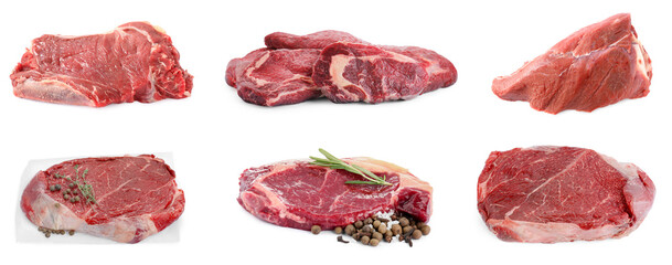 Pieces of fresh beef meat isolated on white, set