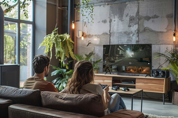 Couple playing video games in modern living room
