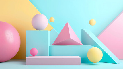 3D rendering of a geometric composition with pastel colors. The image features a podium with a triangle and several spheres.