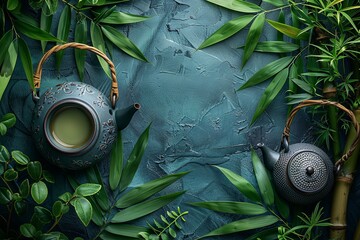 tea pot with coffee and green tea, green tea and bamboo leaves on concrete surface, in the style of dark gray and dark azure. Generative AI