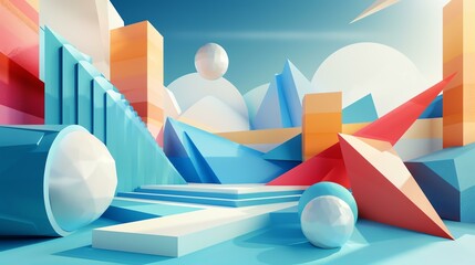 3D rendering of an abstract geometric landscape with a blue and orange color scheme.