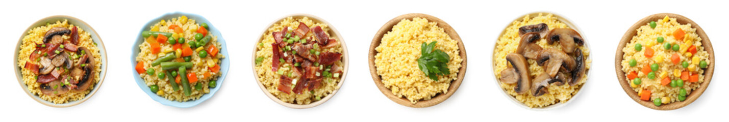 Tasty millet porridge in bowls isolated on white, top view