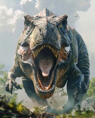 mighty tyrannosaurus to life with a dynamic panoramic view Show the creature in its full glory, dominating the frame with intricate details and fierce expressions
