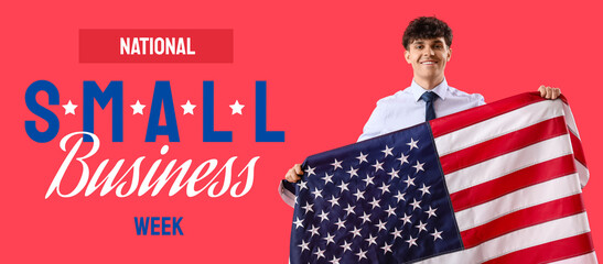 Male businessman with USA flag on red background