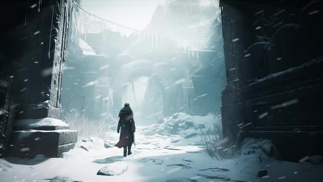 Female viking under a snow storm. Cold and epic atmospheric loop video.