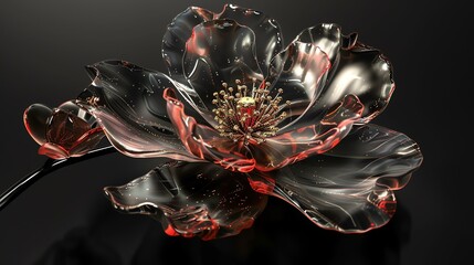 3D rendering of a beautiful flower with transparent petals. The petals are glowing with a red light. The flower is on a black background.