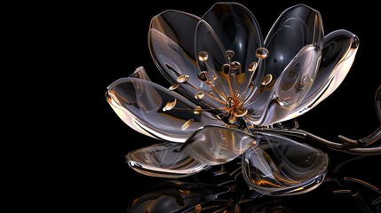3D rendering of a beautiful flower made of glass. The petals are transparent and shiny, and the flower is illuminated by a soft light.