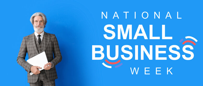 Portrait of senior businessman with laptop on color background - Powered by Adobe