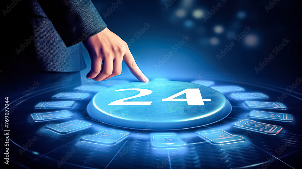 Poster a man is pointing at a computer screen with a blue button in the middle.