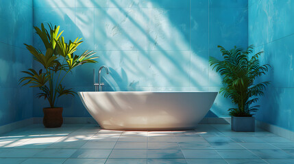 A bathroom with azure walls, a rectangular bathtub, and two houseplants in flowerpots. The room is filled with liquid and a calming aqua vibe
